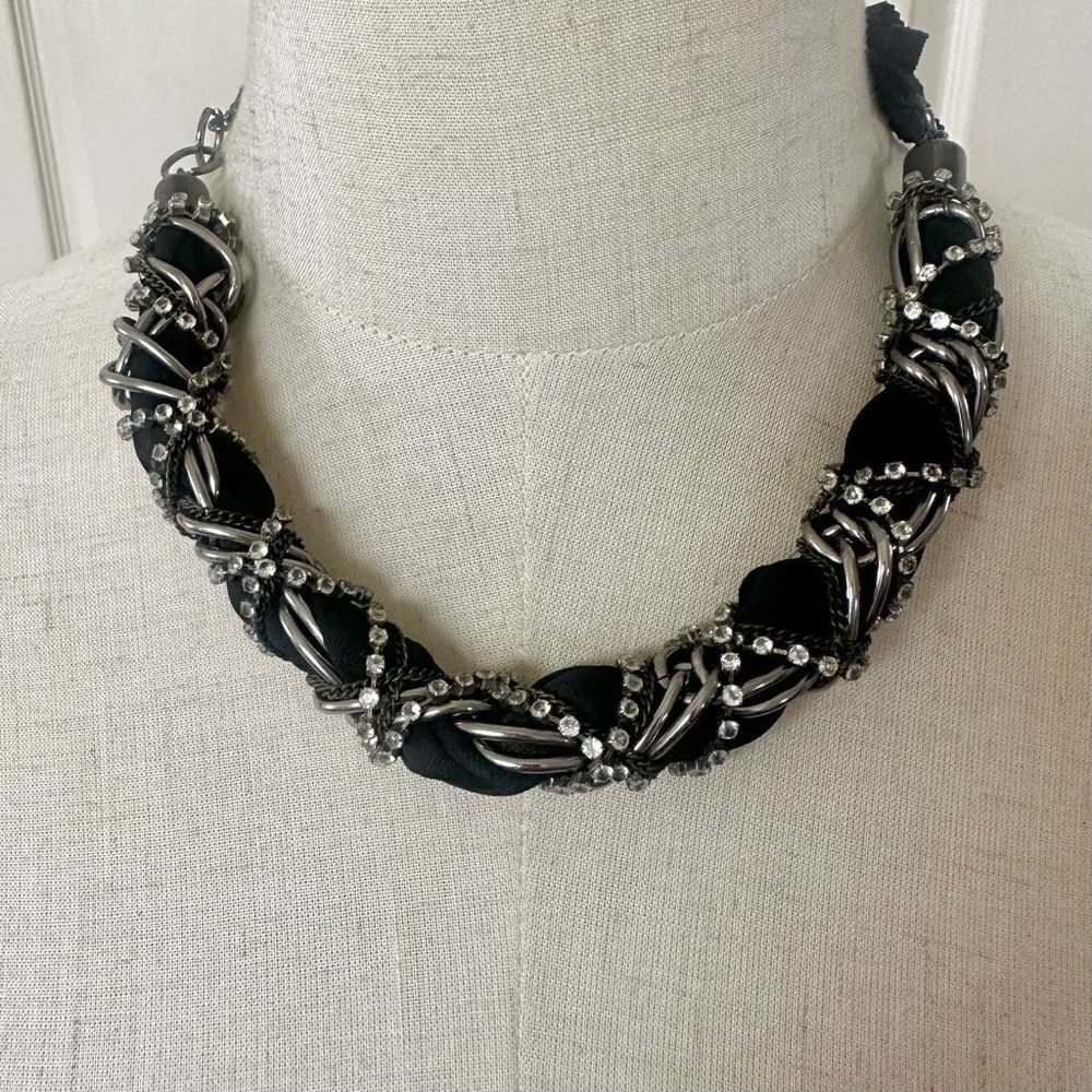 Black ribbon rhinestone necklace
